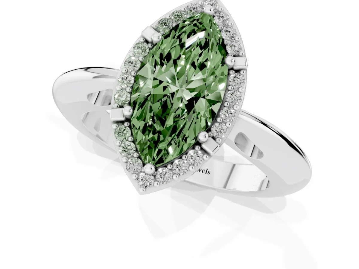 Fancy Green Marquise Cut Cut Diamond Halo Engagement Ring with Split Shank and Four-Prong Setting Silver