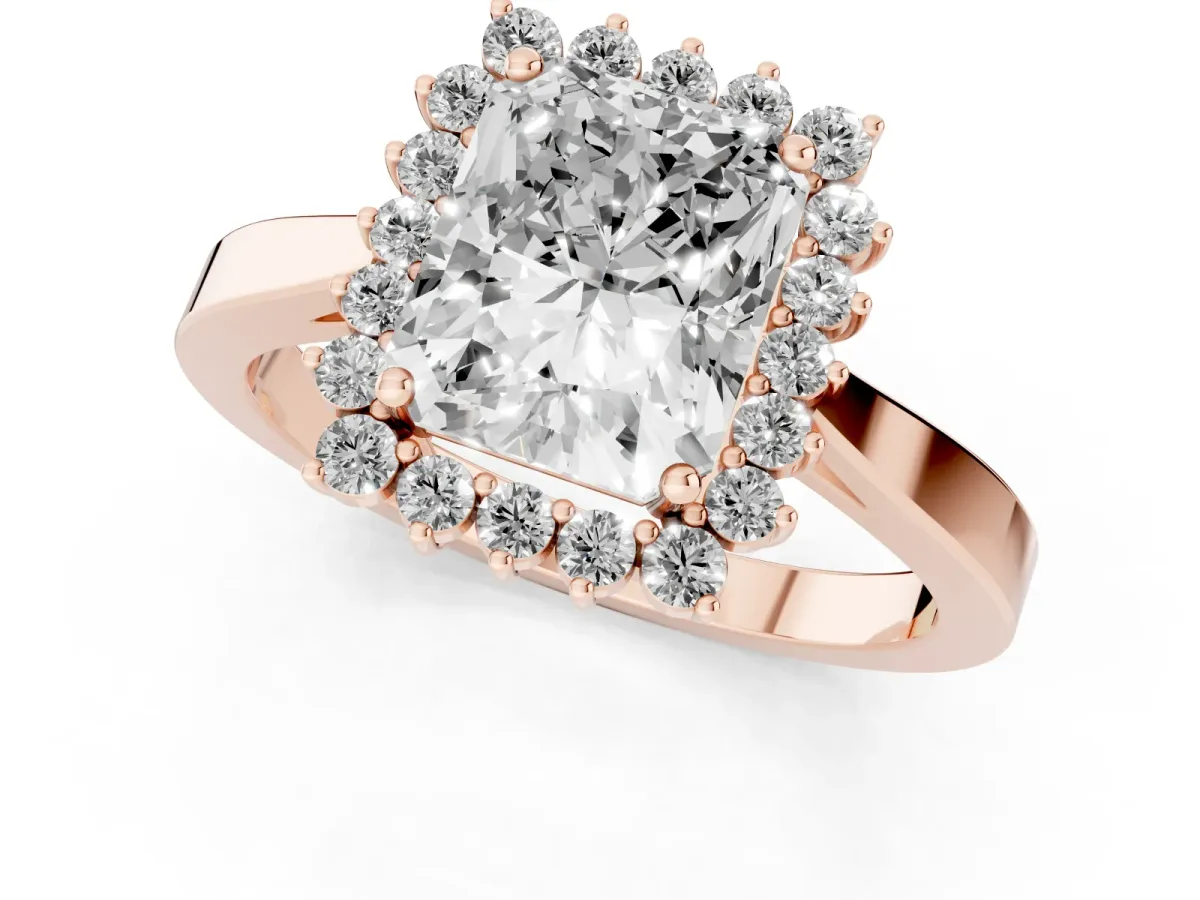 Radiant Cut Cut Diamond Halo Ring with Round Brilliant Halo and Solitaire Band Rose gold