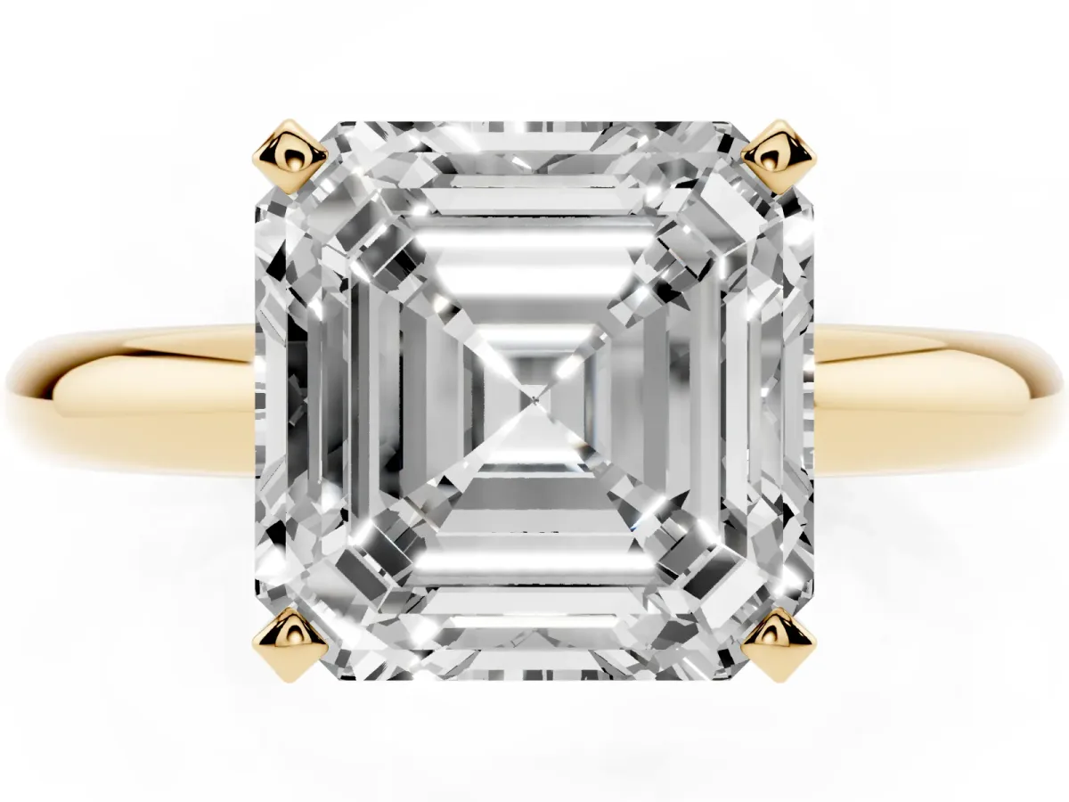 Asscher Cut Diamond Solitaire Engagement Ring with Round Band and Four-Prong Setting Yellow gold