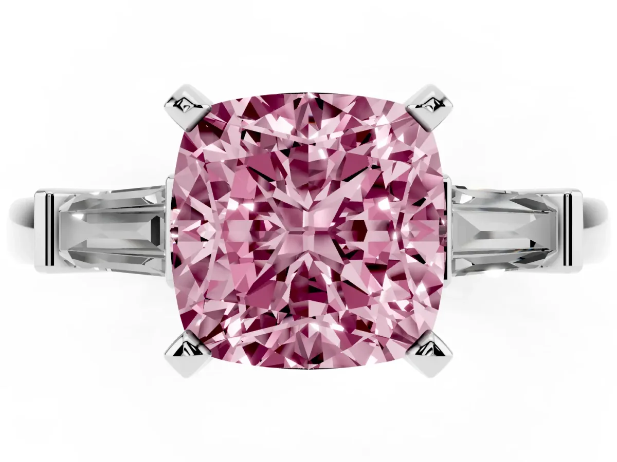 Fancy Pink Cushion Cut Cut Diamond Solitaire Ring with Tapered Baguette Accents and Four-Prong Setting White gold