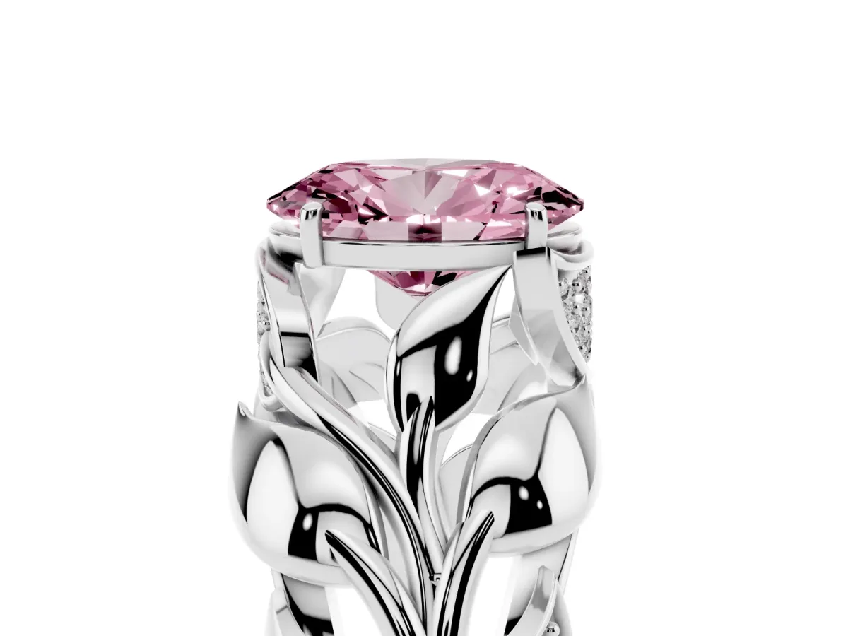 Fancy Pink Oval Cut Diamond Leaf-Inspired Engagement Ring with Round Accents and Prong Setting Silver