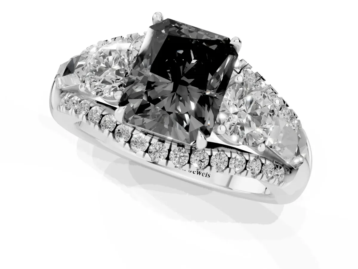 Fancy Black Three-Stone Radiant Cut Diamond Engagement Ring with Pave Band and Prong Setting Silver
