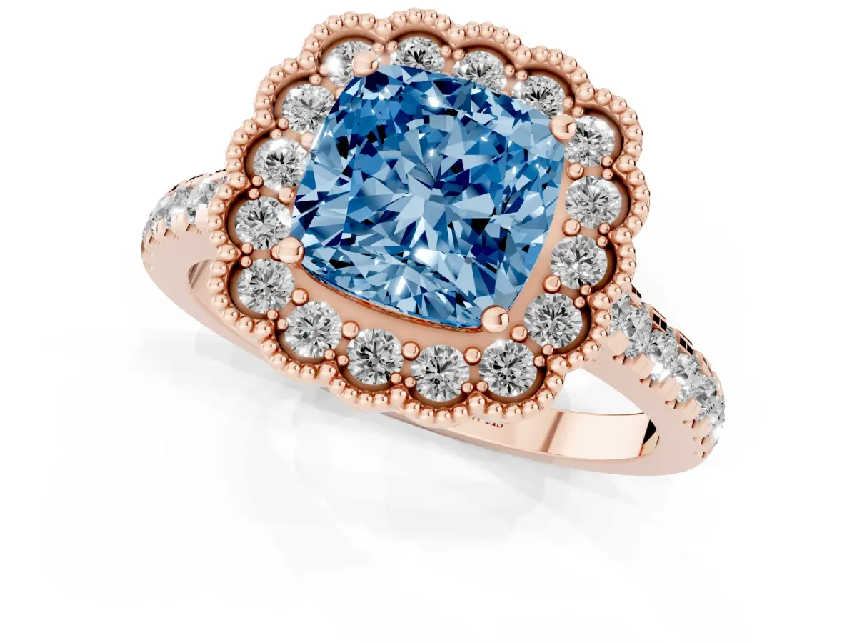 Fancy Blue Cushion Cut Cut Diamond Milgrain Floral Halo Engagement Ring with Pavé Band Rose gold