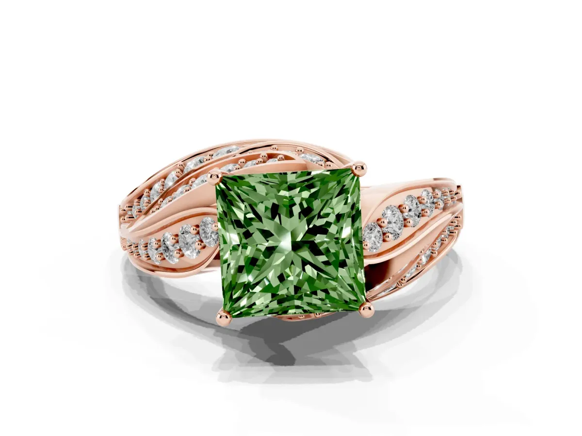 Fancy Green Princess Cut Diamond Solitaire Ring with Prong Setting and Twisted Pavé Band Rose gold