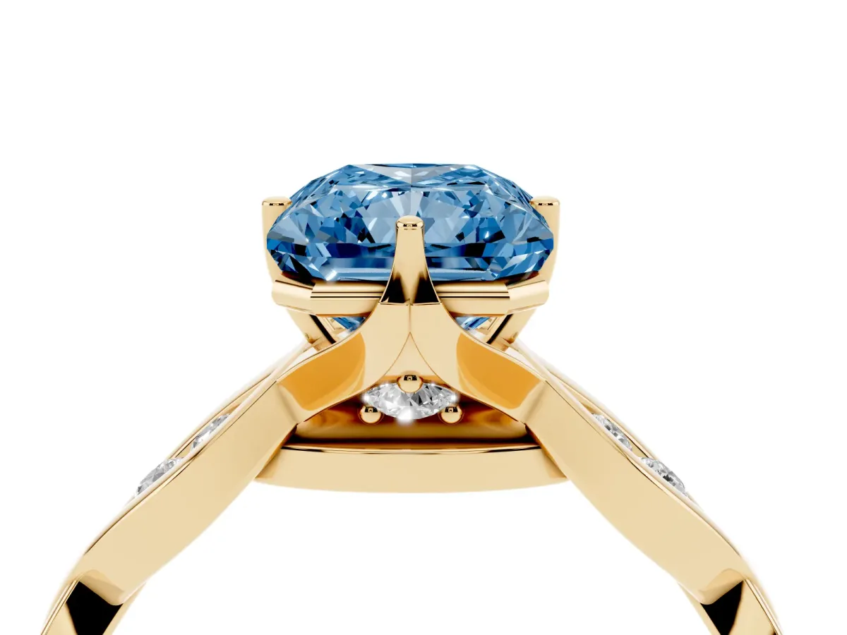 Fancy Blue Radiant Cut Solitaire Twist Band with Leaf Prong Setting Yellow gold