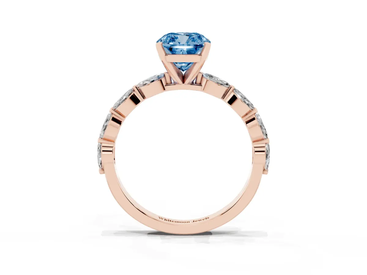Fancy Blue Cushion Cut Diamond Ring with Marquise Side Stones and Prong Setting Rose gold