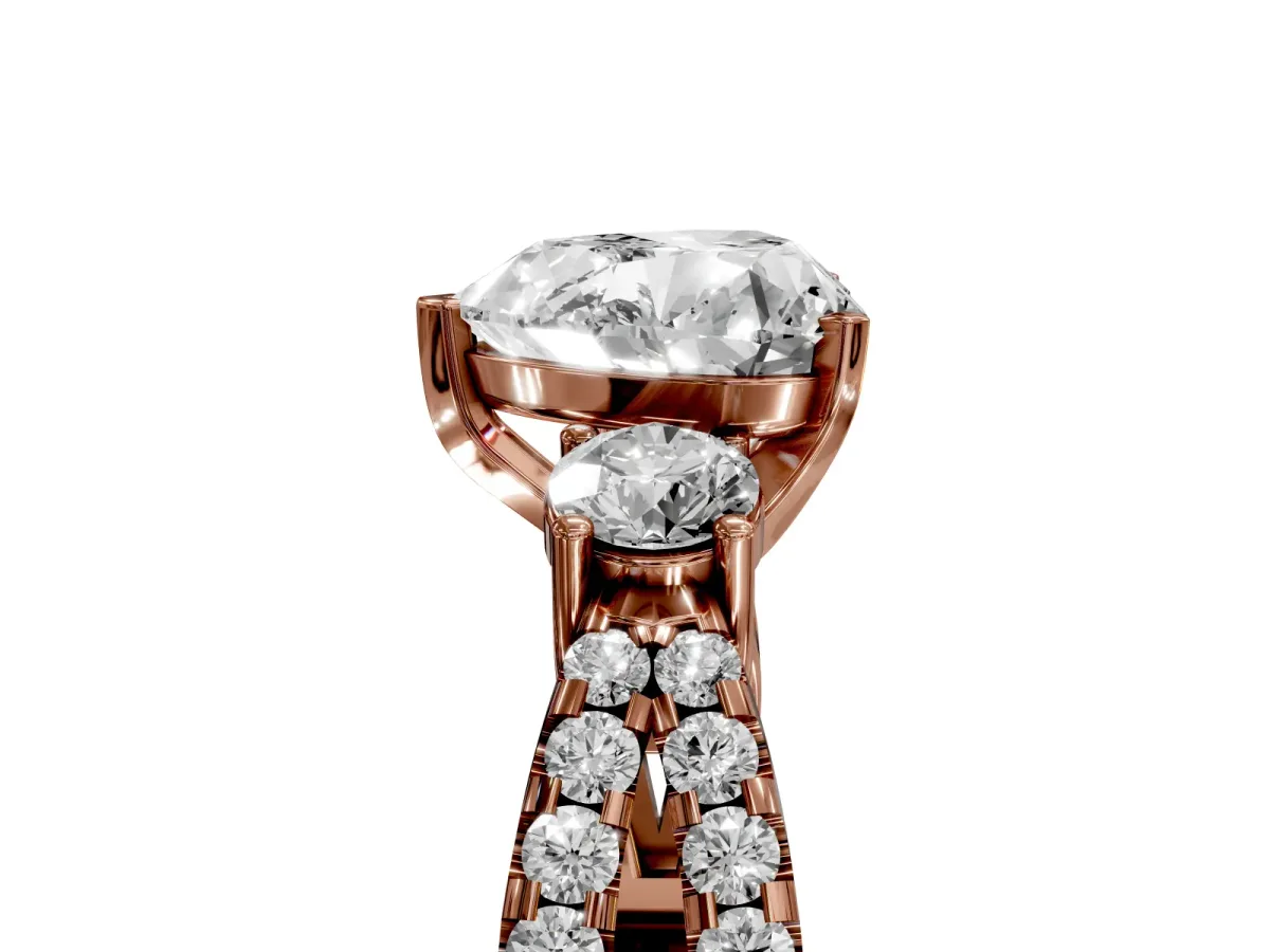 Heart Cut Diamond Three-Stone Ring with Pavé Split Shank and Four-Prong Setting Rose gold