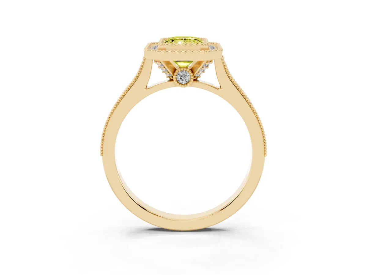 Fancy Yellow Halo Emerald Cut-Cut Diamond Pave Band Milgrain Prong Setting Ring Yellow gold