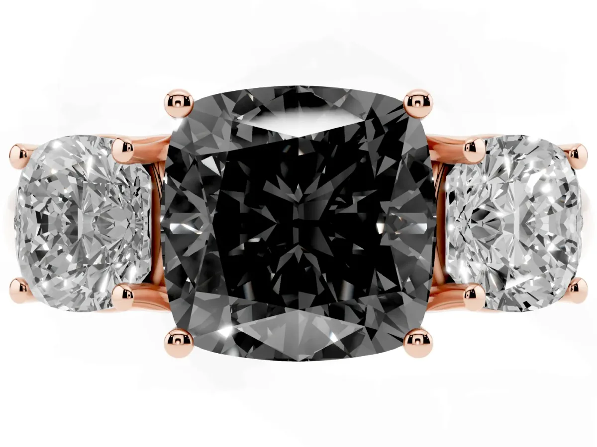 Fancy Black Three-Stone Cushion Cut Diamond Engagement Ring with Prong Setting Rose gold