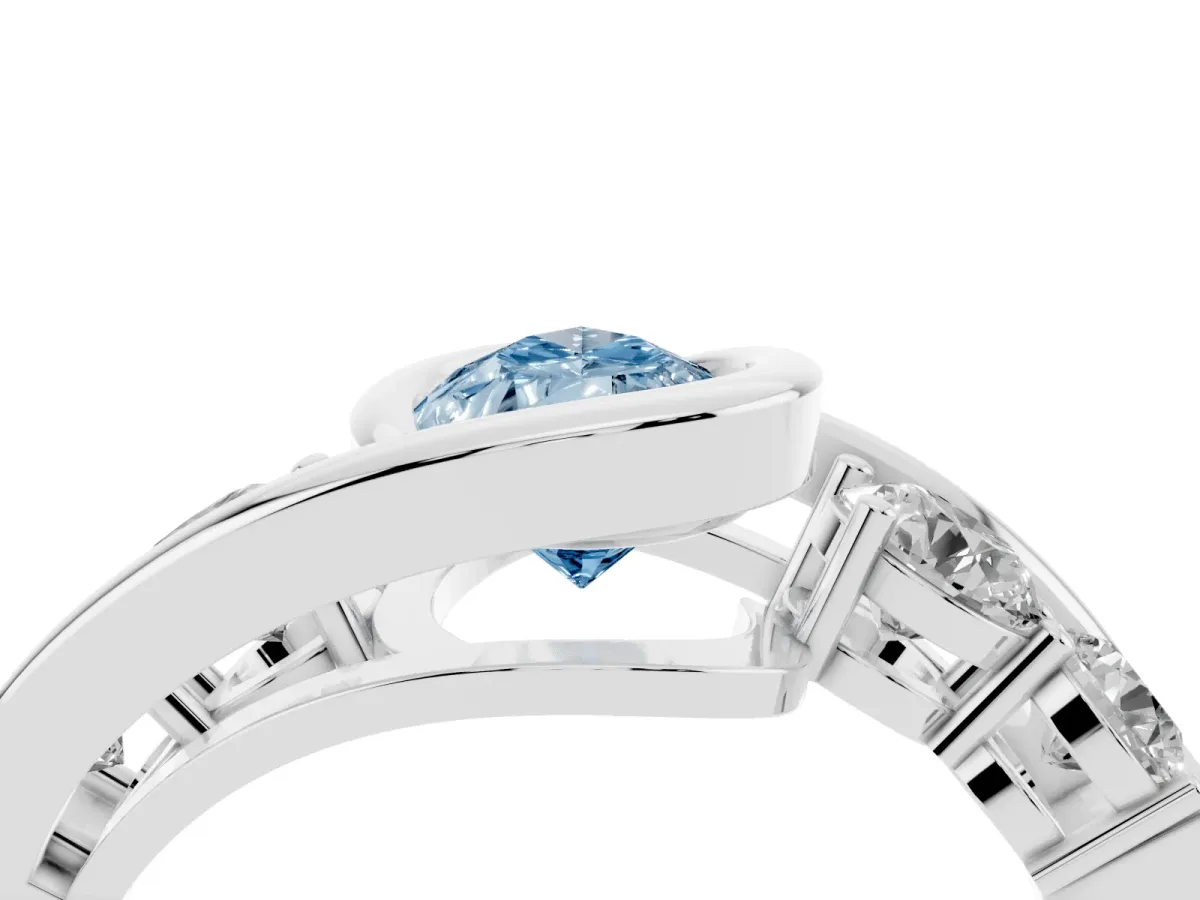 Fancy Blue Bezel Set Pear Cut Diamond Bypass Ring with Round Accents Platinum