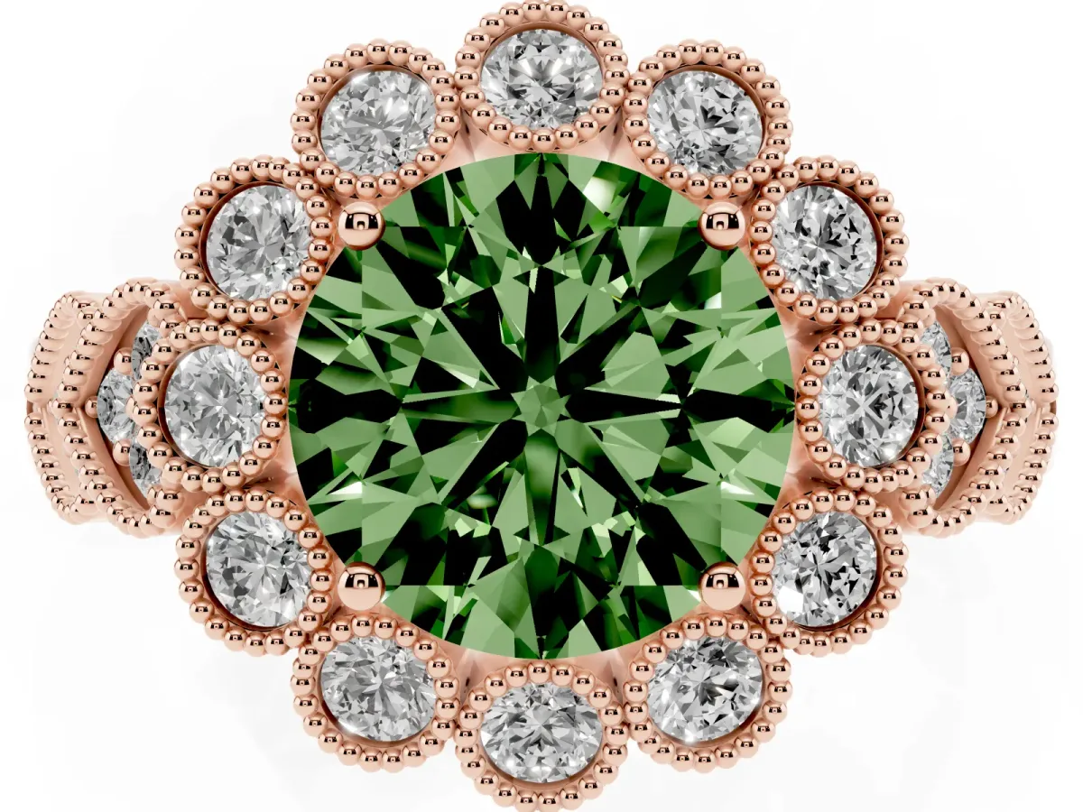 Fancy Green Round Cut Brilliant Milgrain Pave Heart Band Solitaire Ring Rose gold