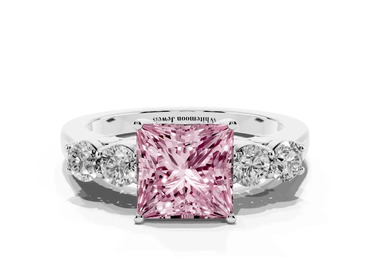 Fancy Pink Princess Cut Cut Diamond Five-Stone Prong Set White Gold Ring Platinum