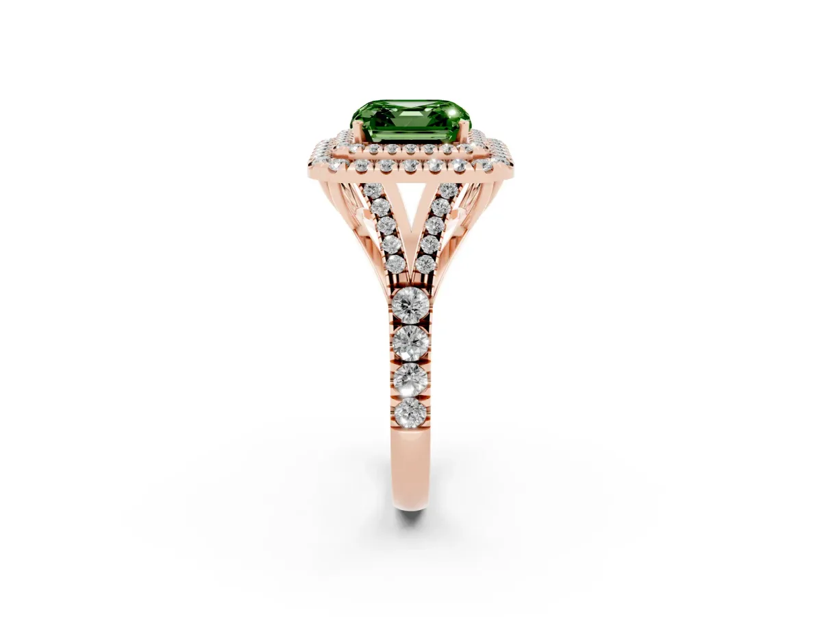 Fancy Green Asscher Cut Cut Double Halo Split Shank Diamond Ring with Prong Setting Rose gold