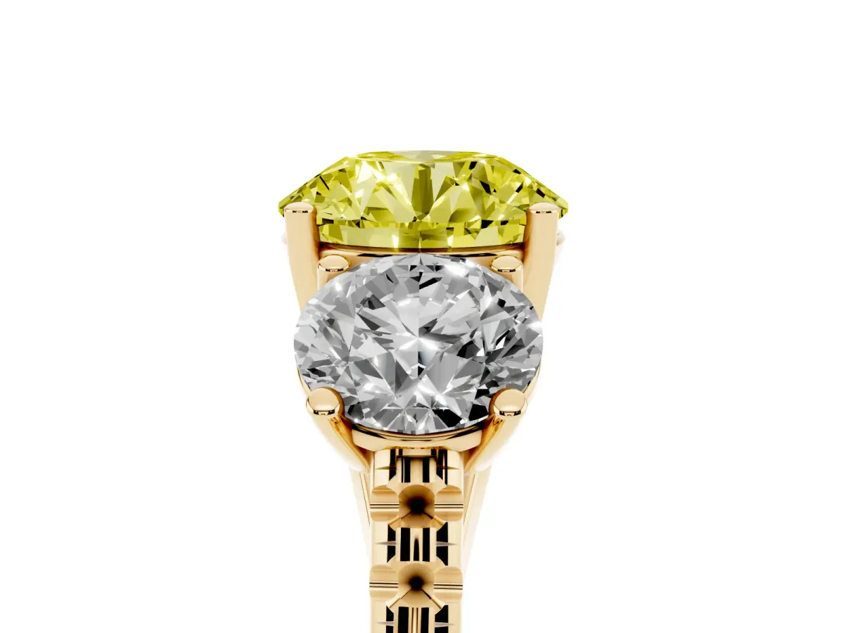 Fancy Yellow Three-Stone Round Cut Diamond Ring with Round Pavé Band and Prong Setting Yellow gold