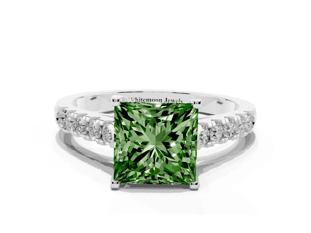 Fancy Green Princess Cut Diamond Pavé Band Solitaire Ring with Prong Setting Silver