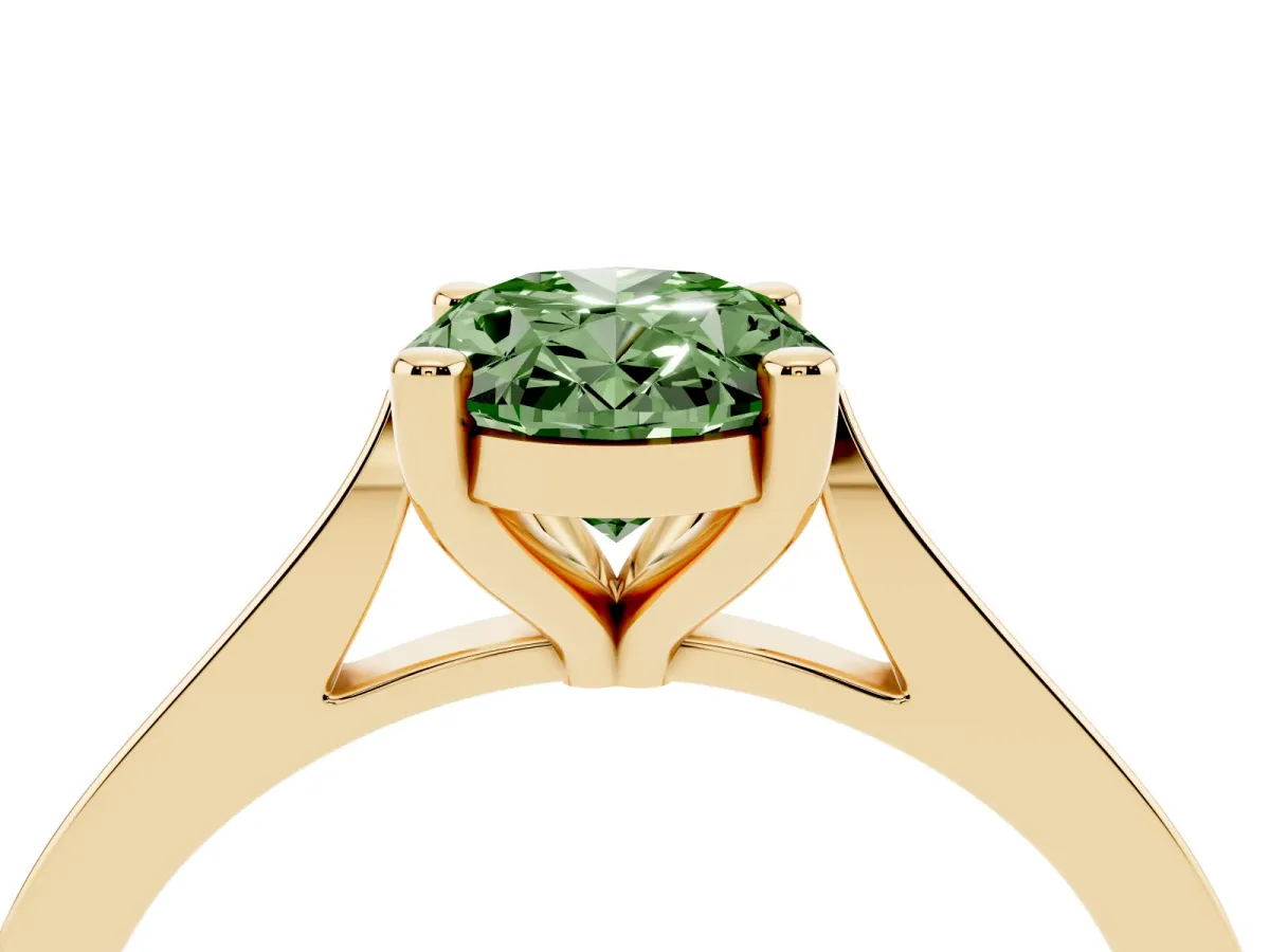 Fancy Green Oval Cut Solitaire Diamond Ring with Four-Prong Setting and Tapered Band Yellow gold