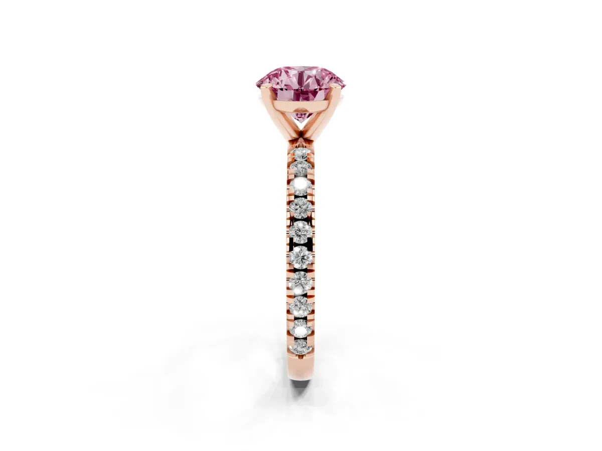 Fancy Pink Round Cut Diamond Pavé Band Solitaire with Four-Prong Setting Rose gold