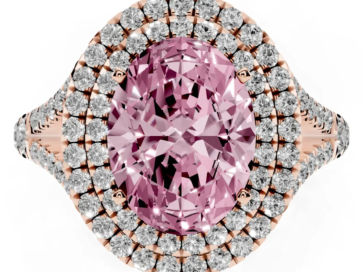 Fancy Pink Double Halo Oval Cut Diamond Split Shank Engagement Ring with Four-Prong Setting Rose gold