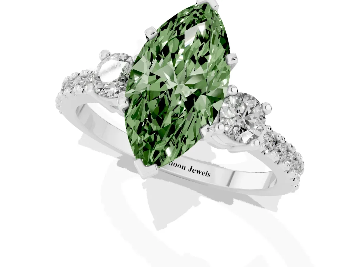 Fancy Green Marquise Cut Three-Stone Diamond Pavé Band with Prong Setting White gold