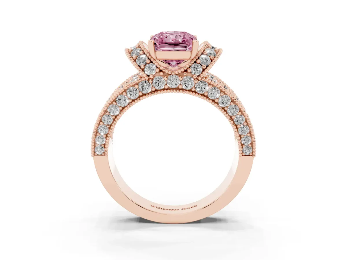 Fancy Pink Radiant Cut Halo Pave Diamond Engagement Ring with Milgrain Detailing Rose gold