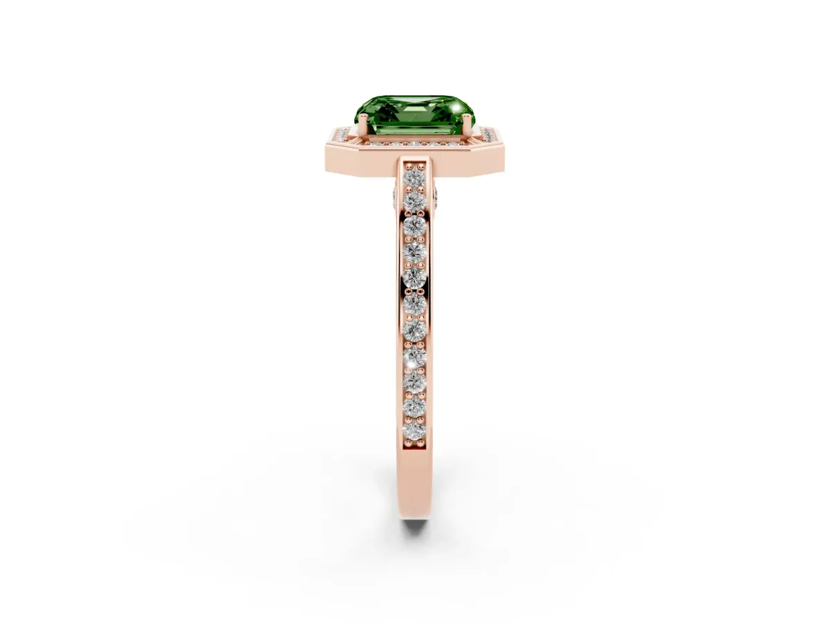 Fancy Green Asscher Cut Cut Halo Pave Split Shank Prong Setting Ring Rose gold