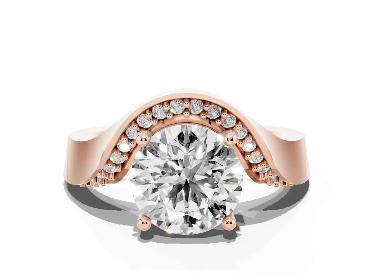 Round Cut Solitaire Diamond Engagement Ring with Pave Band and Four-Prong Setting Rose gold