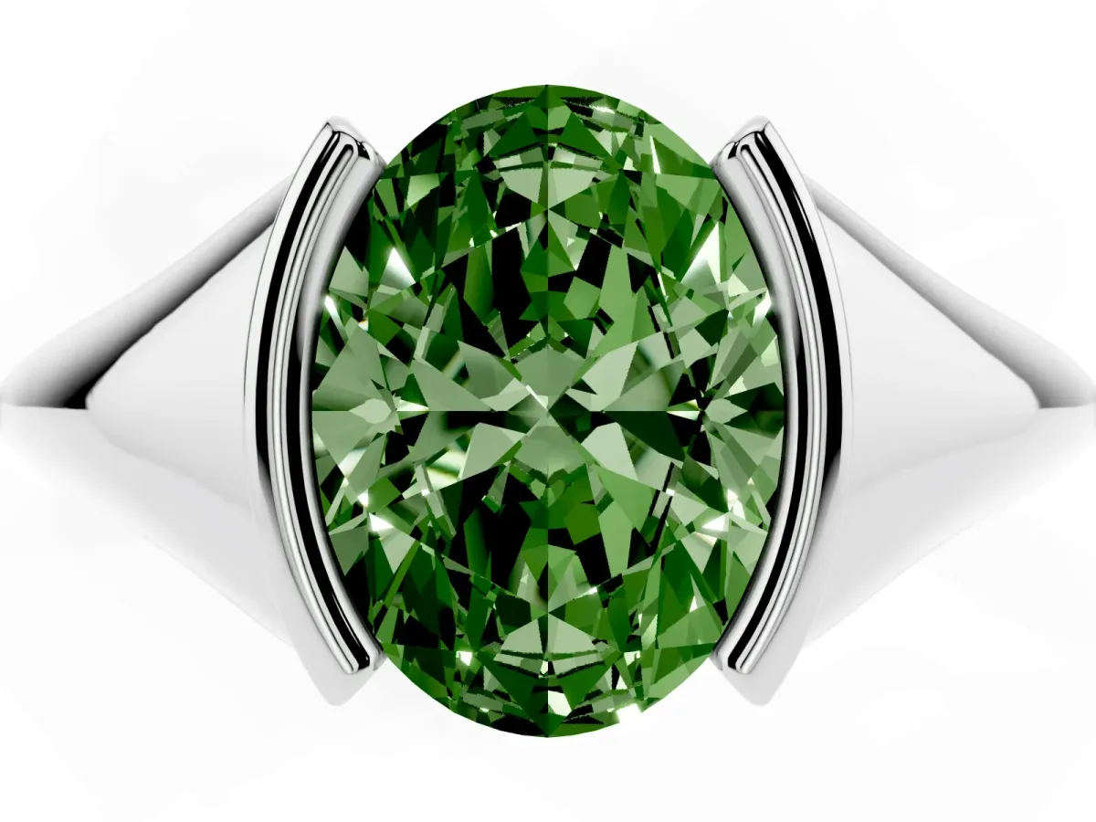 Fancy Green Oval Cut Solitaire Tension Set Diamond Ring Silver