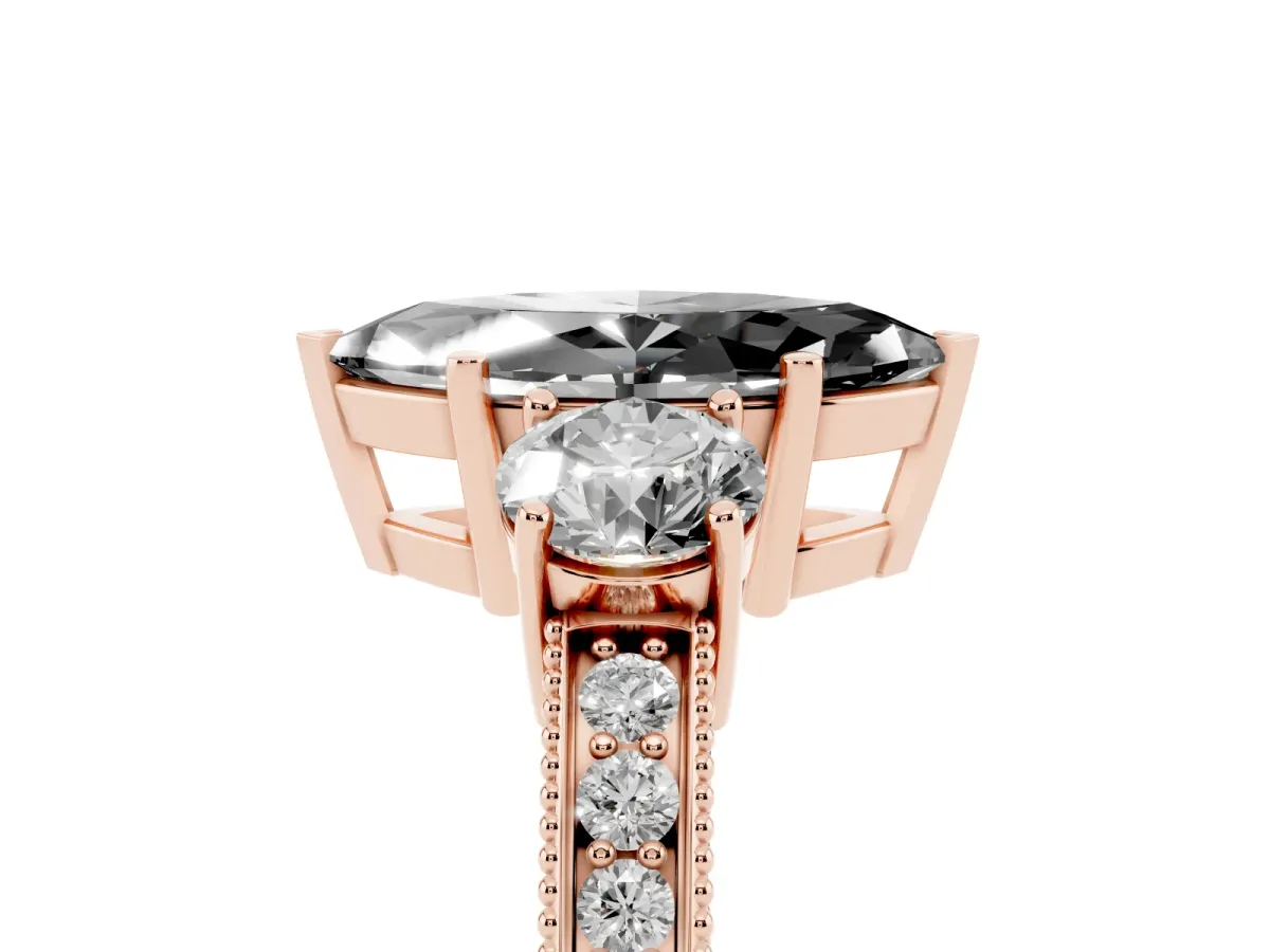 Fancy Black Marquise Cut Three-Stone Diamond Ring with Pavé Band and Four-Prong Setting Rose gold