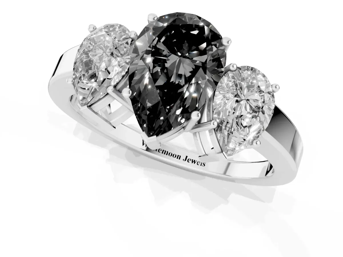 Fancy Black Three-Stone Pear Cut Cut Diamond Engagement Ring with Flat Band and Four-Prong Setting Silver
