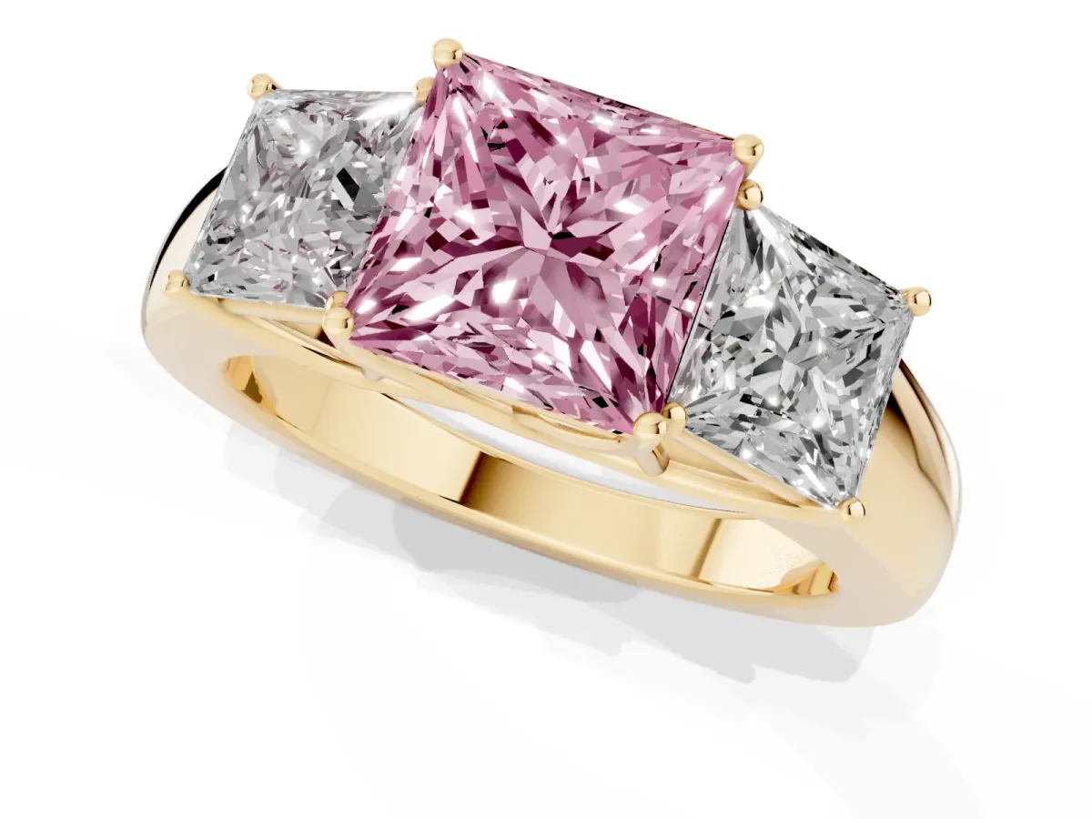 Fancy Pink Three-Stone Princess Cut Cut Diamond Ring with Prong Setting and Classic Band Yellow gold