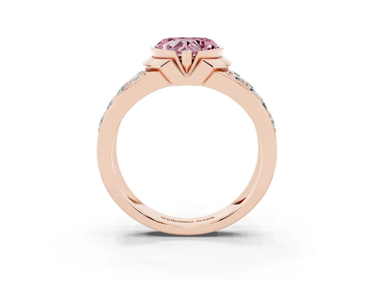Fancy Pink Heart Cut Brilliant Diamond Channel Set Wide Band Ring with Bezel Setting Rose gold