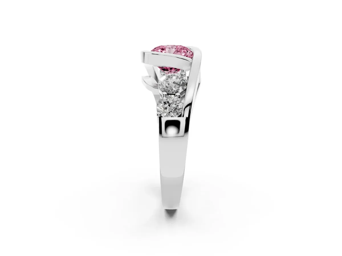Fancy Pink Bezel Set Cushion Cut Diamond Bypass Ring with Round Accents Platinum