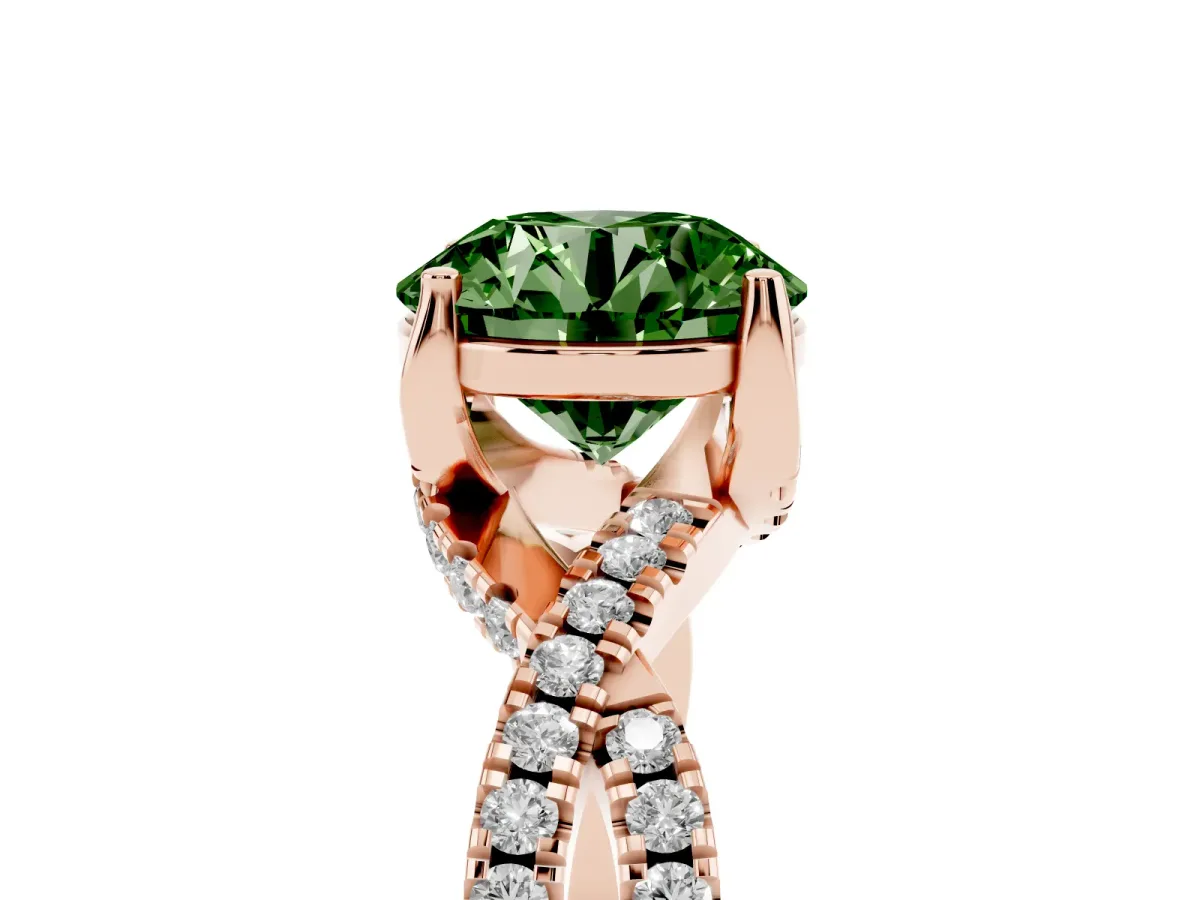 Fancy Green Round Cut Solitaire Twist Pave Diamond Engagement Ring with Prong Setting Rose gold