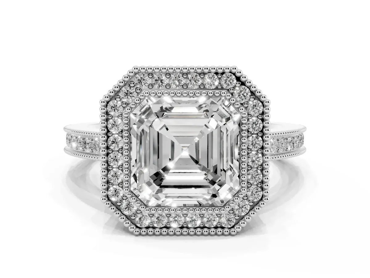 Asscher Cut Cut Halo Diamond Ring with Pavé Band and Milgrain Prong Setting Silver