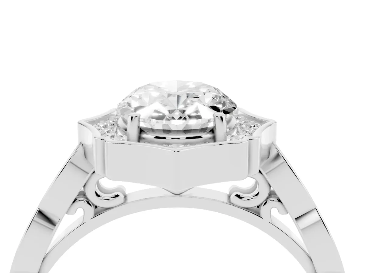 Oval Cut Halo Diamond Engagement Ring with Milgrain Band and Four-Prong Setting Silver