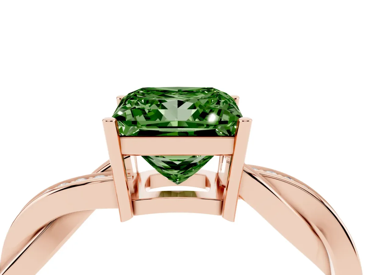 Fancy Green Princess Cut Solitaire Twisted Pave Diamond Ring with Four-Prong Setting Rose gold