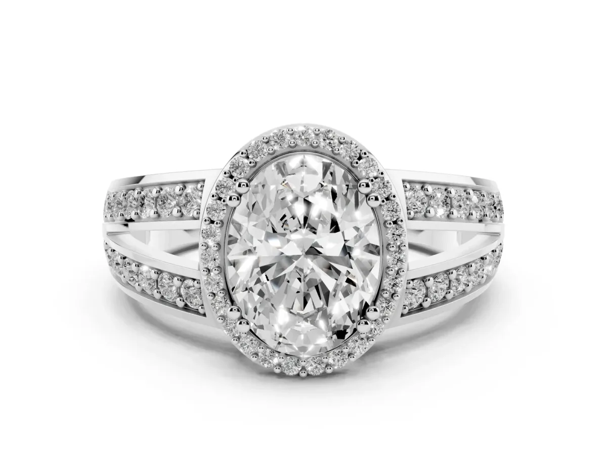 Oval Cut Diamond Halo Ring with Split Shank Pavé Band and Four-Prong Setting Silver