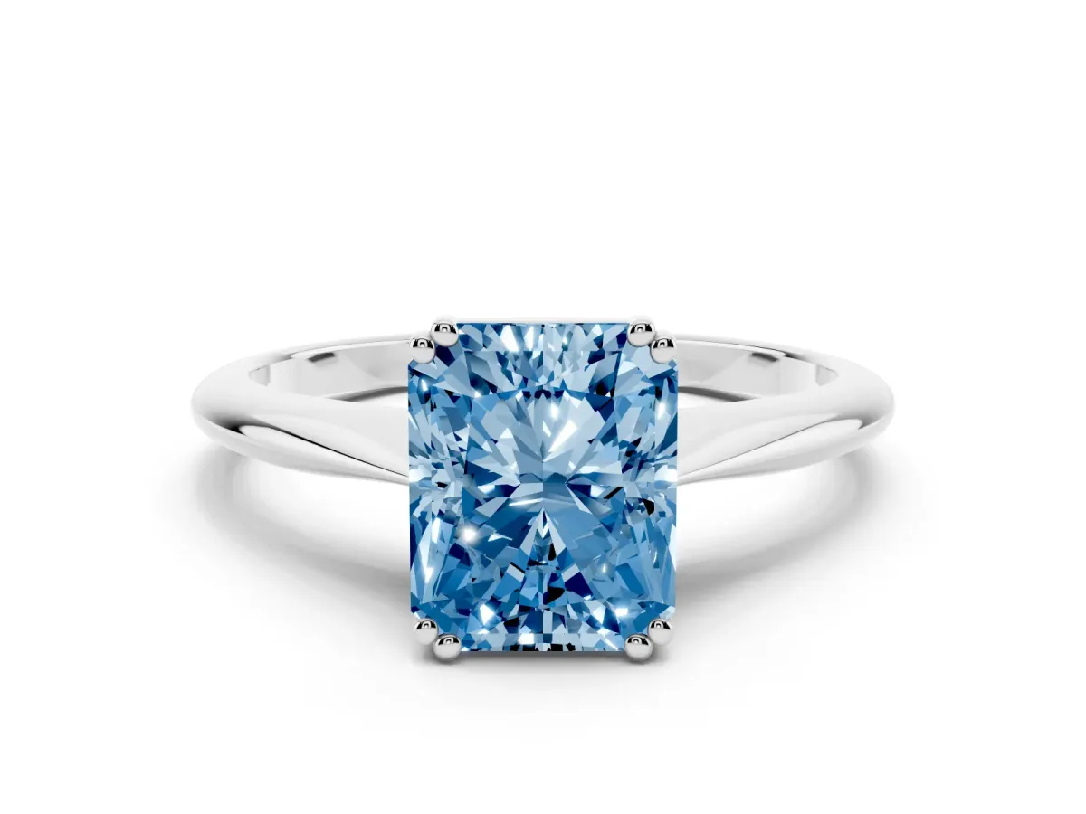 Fancy Blue Radiant Cut Solitaire Diamond Ring with Six-Prong Setting and Classic Band Silver
