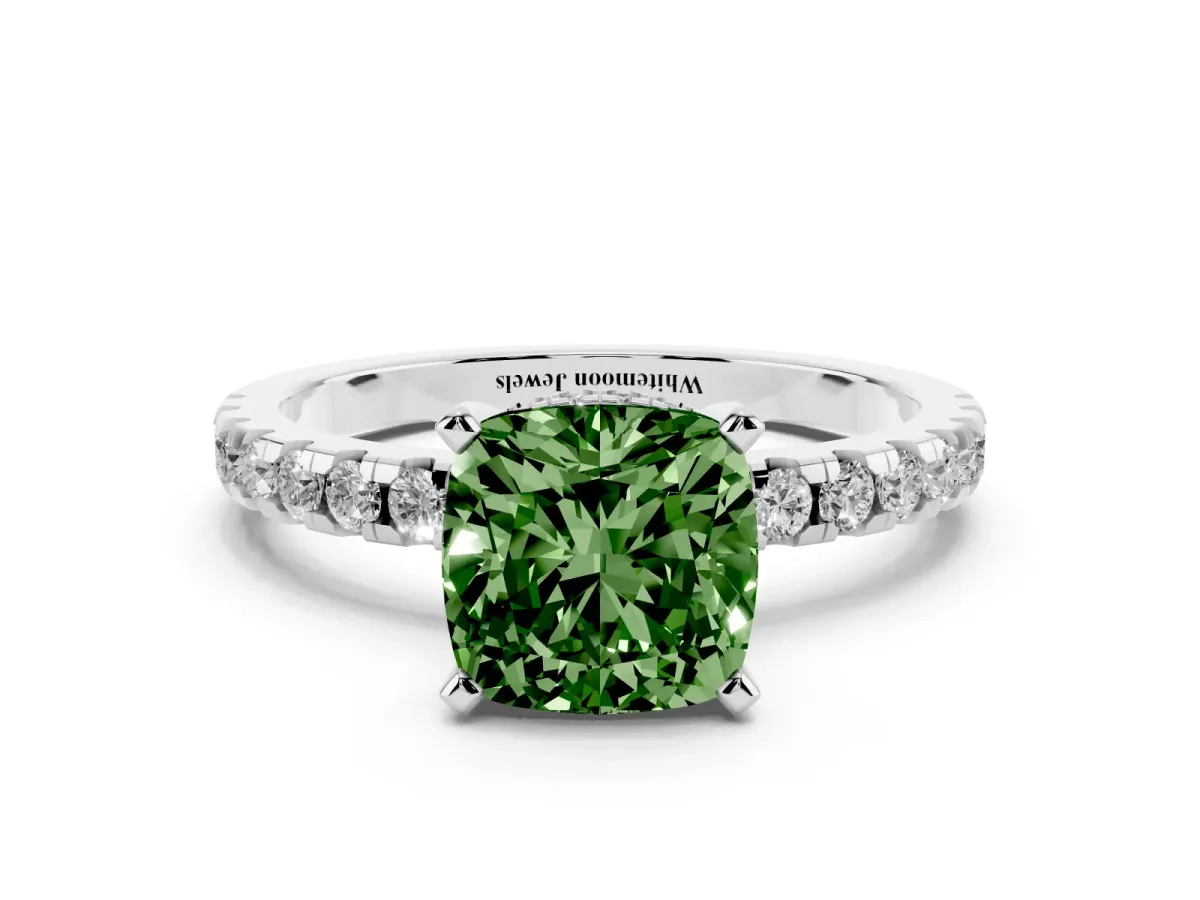 Fancy Green Cushion Cut Diamond Solitaire Ring with Round Pavé Band and Four-Prong Setting Silver