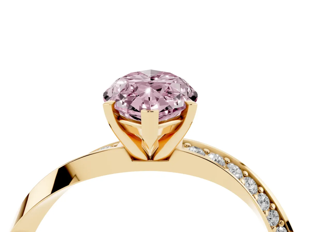 Fancy Pink Marquise Cut Diamond Engagement Ring with Side Stone Accents and Four-Prong Setting Yellow gold