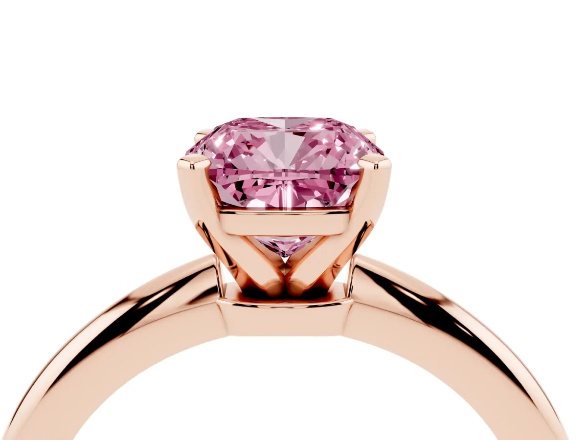 Fancy Pink Cushion Cut Diamond Solitaire Ring with Prong Setting and Classic Band Rose gold