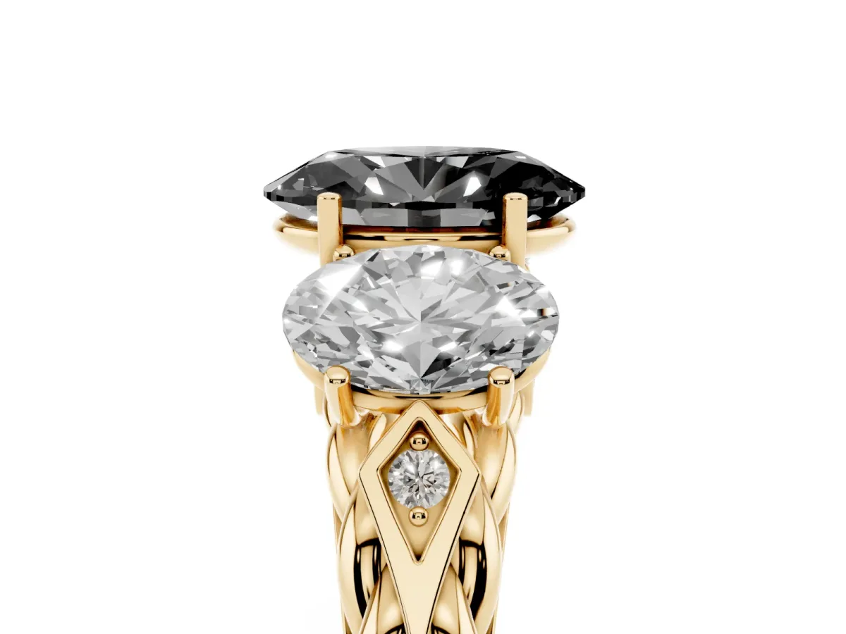 Fancy Black Three-Stone Oval Cut Diamond Braided Band Ring with Four-Prong Setting Yellow gold