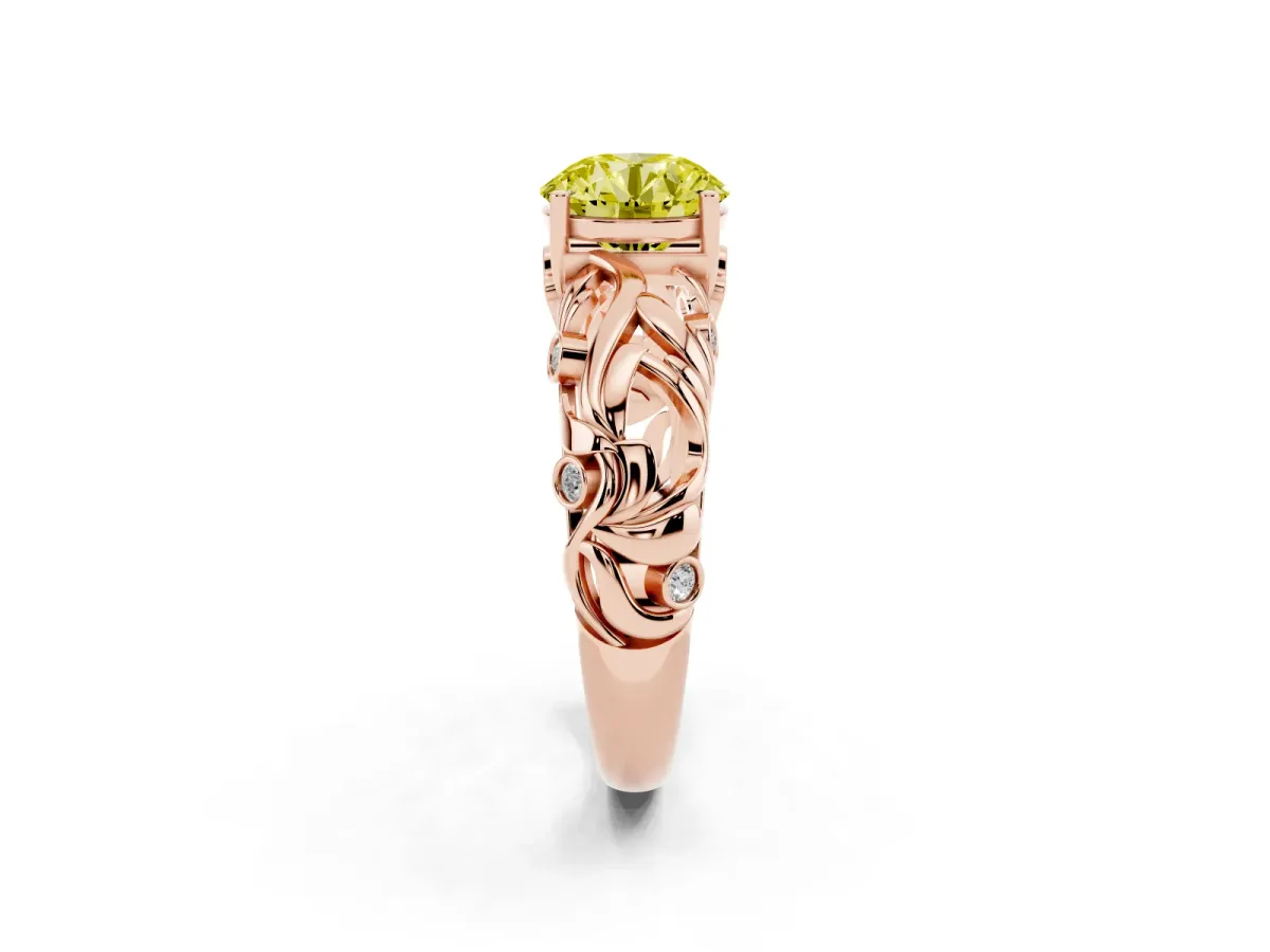 Fancy Yellow Round Cut Solitaire Diamond Leaf-Inspired Vine Band Ring with Prong Setting Rose gold