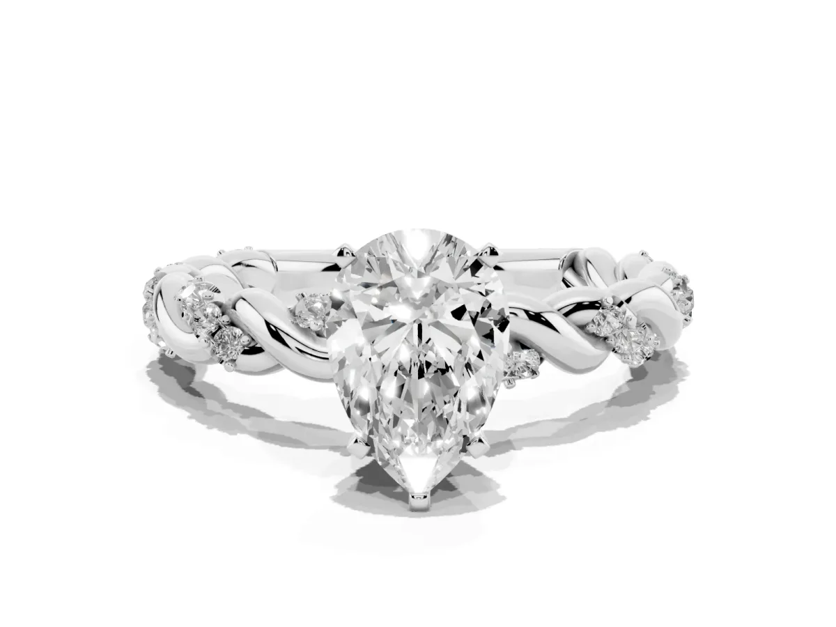 Pear Cut Diamond Solitaire Ring with Twisted Band and Pavé Accents Silver