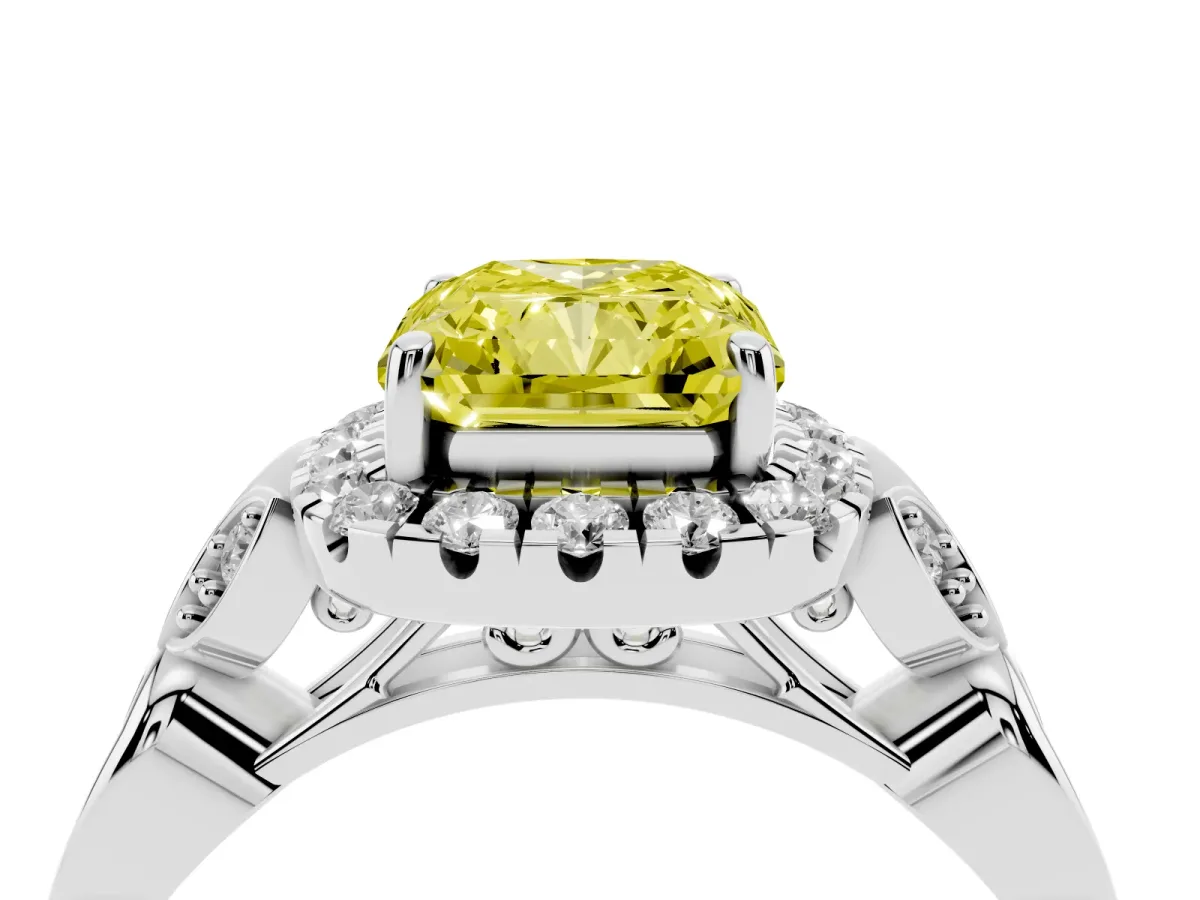 Fancy Yellow Radiant Cut Halo Diamond Engagement Ring with Vintage-Inspired Band and Four-Prong Setting White gold