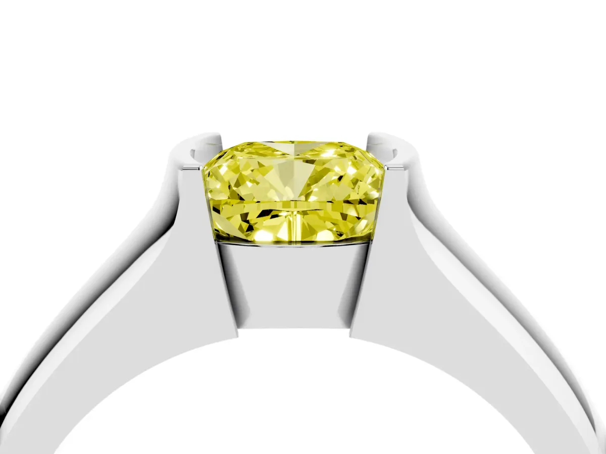 Fancy Yellow Cushion Cut Solitaire Bezel Set Diamond Ring with Wide Band Platinum