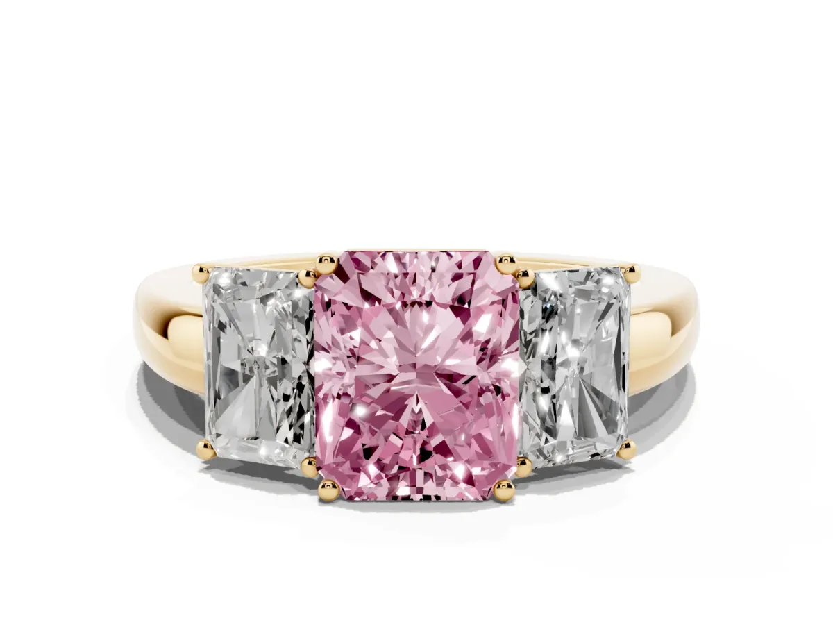 Fancy Pink Radiant Cut Diamond Three-Stone Ring with Four-Prong Setting and Classic Band Yellow gold