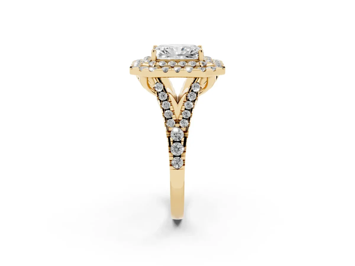 Double Halo Radiant Cut Diamond Pavé Split Shank Ring with Prong Setting Yellow gold