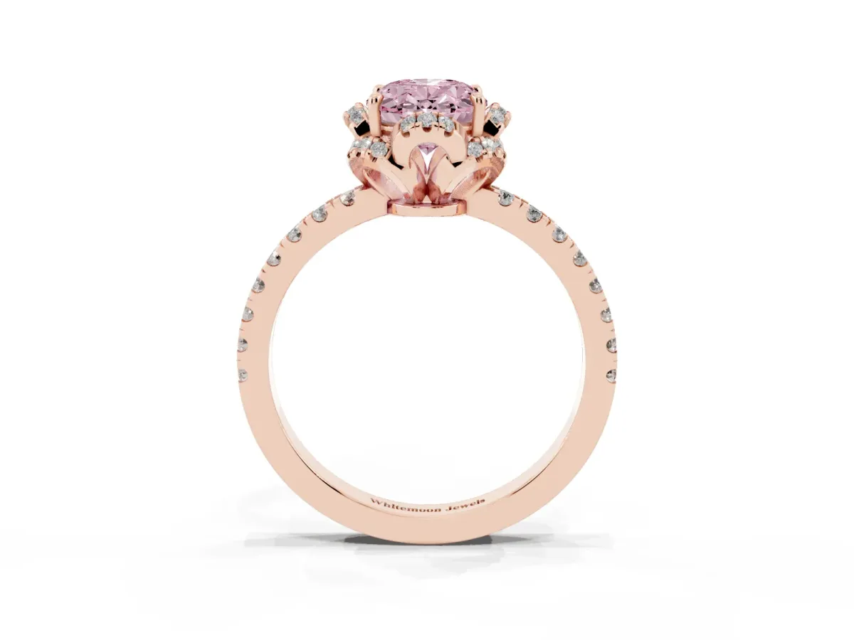 Fancy Pink Oval Cut Diamond Halo Pave Band with Four-Prong Setting Rose gold