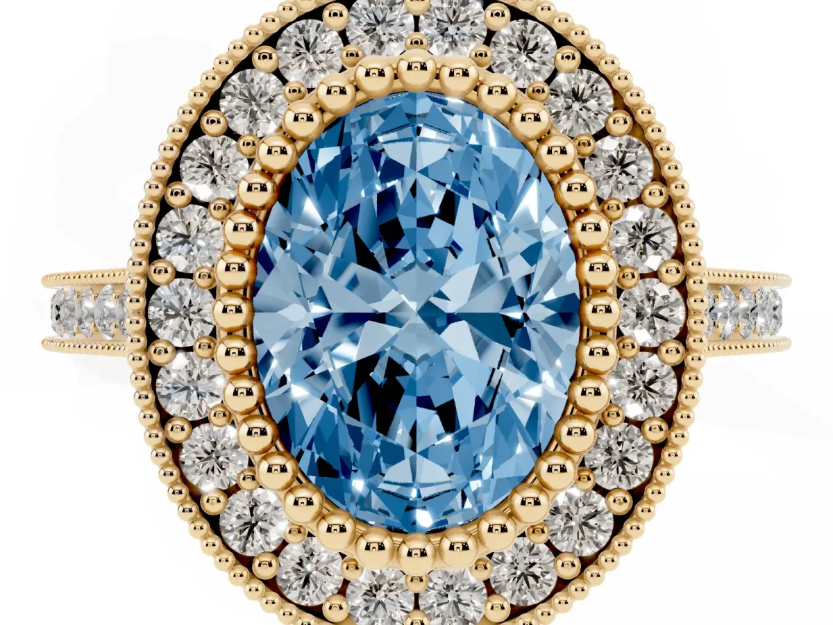Fancy Blue Oval Cut Diamond Halo Ring with Milgrain Frame and Pavé Band Yellow gold